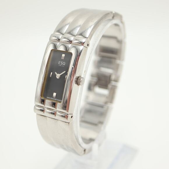 Vintage ESQ Womens Silver Tone 18mm Black Tank Watch 6.5" Bracelet w New Battery - Picture 8 of 12